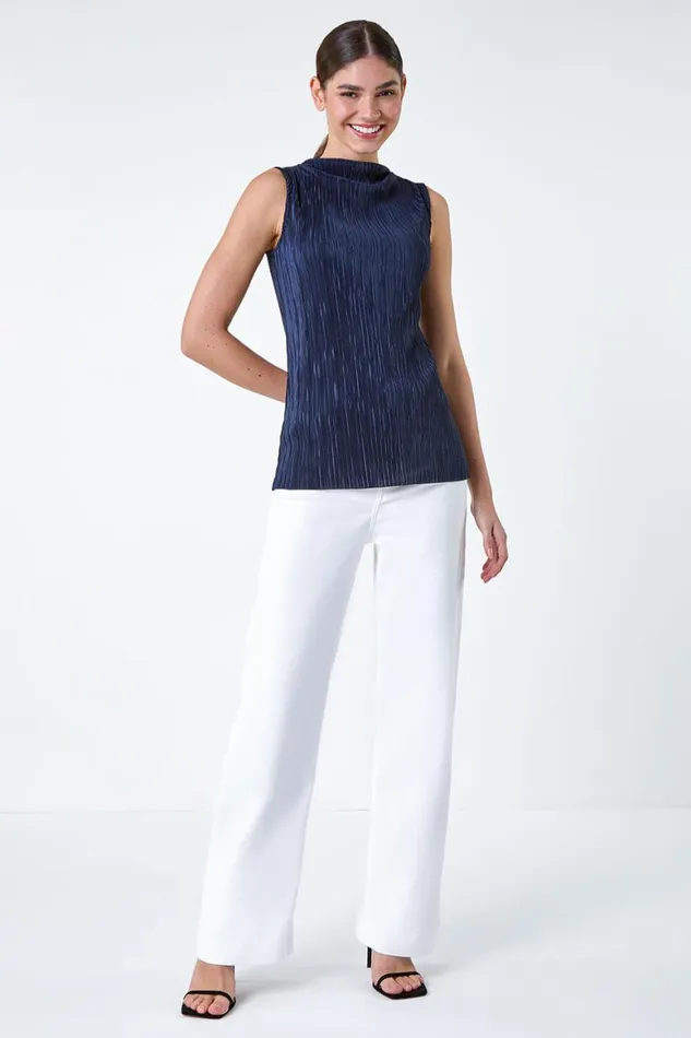 Women Navy Plisse Stretch Top Roman Tops