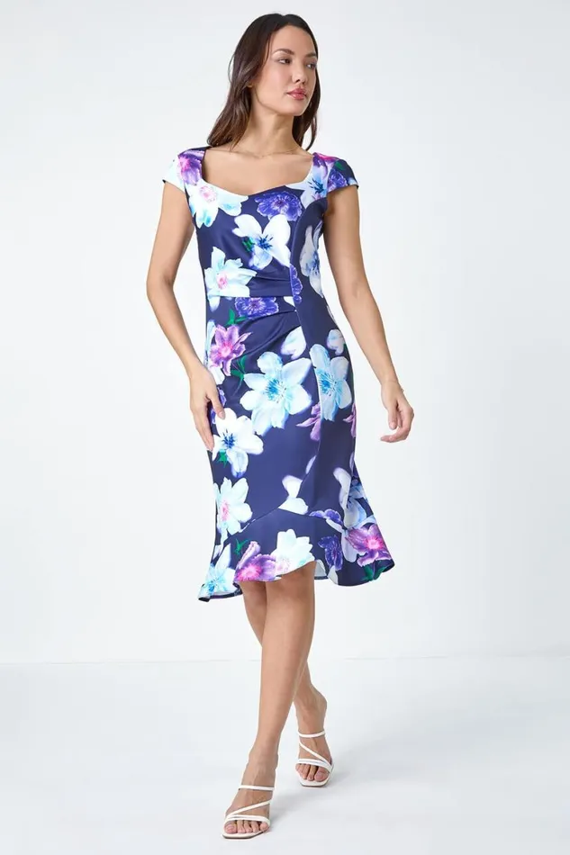 Women Navy Premium Stretch Floral Ruched Frill Hem Dress Roman Dresses
