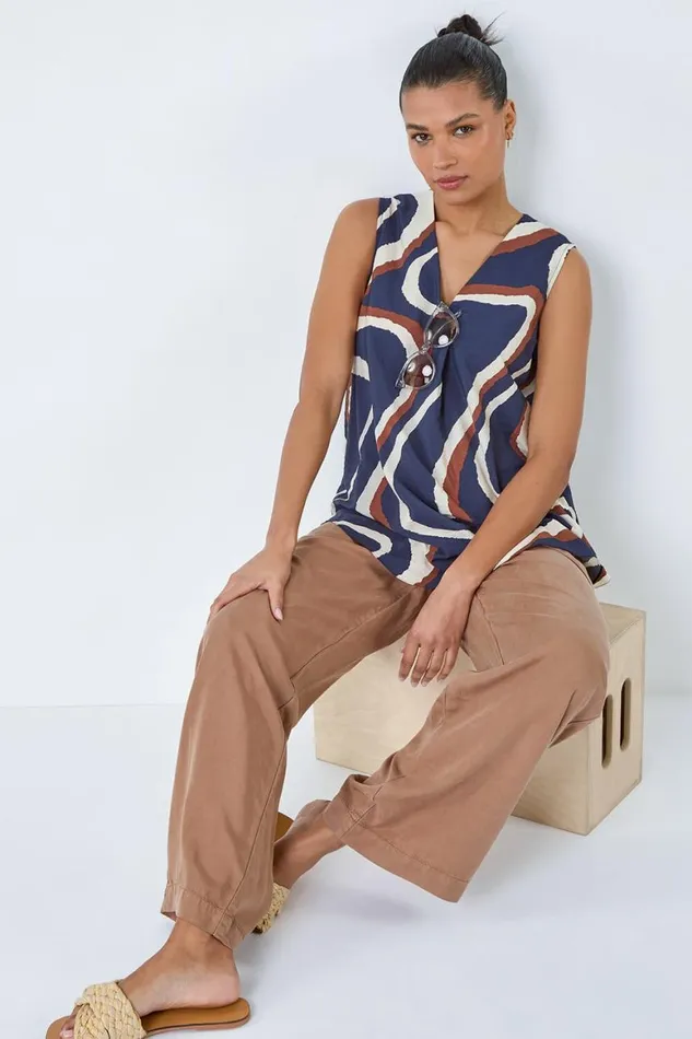 Women Navy Sleeveless VNeck Swirl Print Pleat Front Top Roman Tops