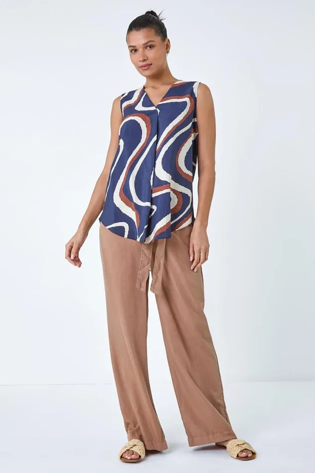 Women Navy Sleeveless VNeck Swirl Print Pleat Front Top Roman Tops
