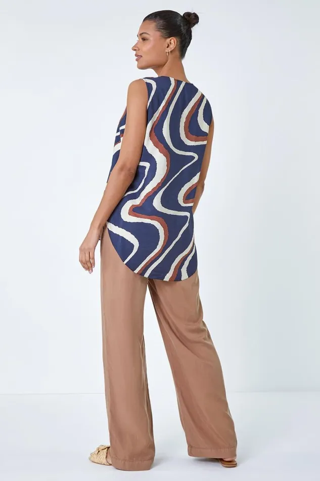 Women Navy Sleeveless VNeck Swirl Print Pleat Front Top Roman Tops