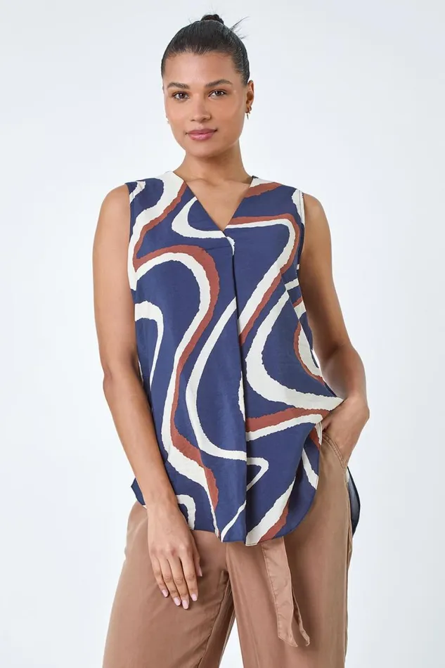 Women Navy Sleeveless VNeck Swirl Print Pleat Front Top Roman Tops