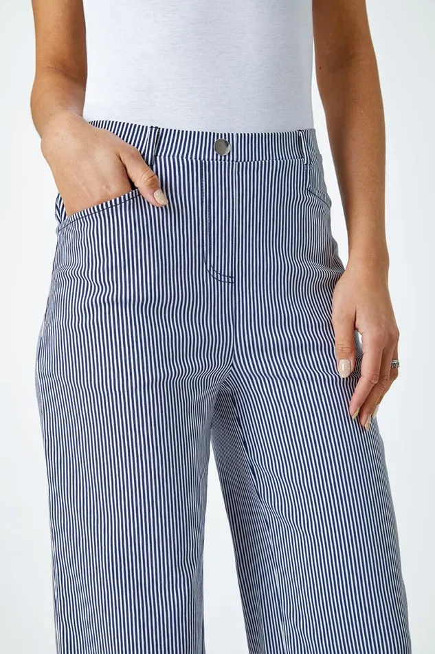 Women Navy Striped Elastic Waist Wide Leg Trousers Roman Trousers
