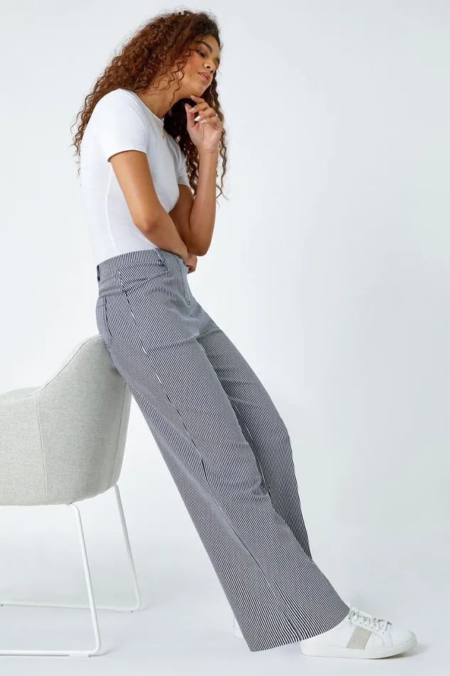Women Navy Striped Elastic Waist Wide Leg Trousers Roman Trousers