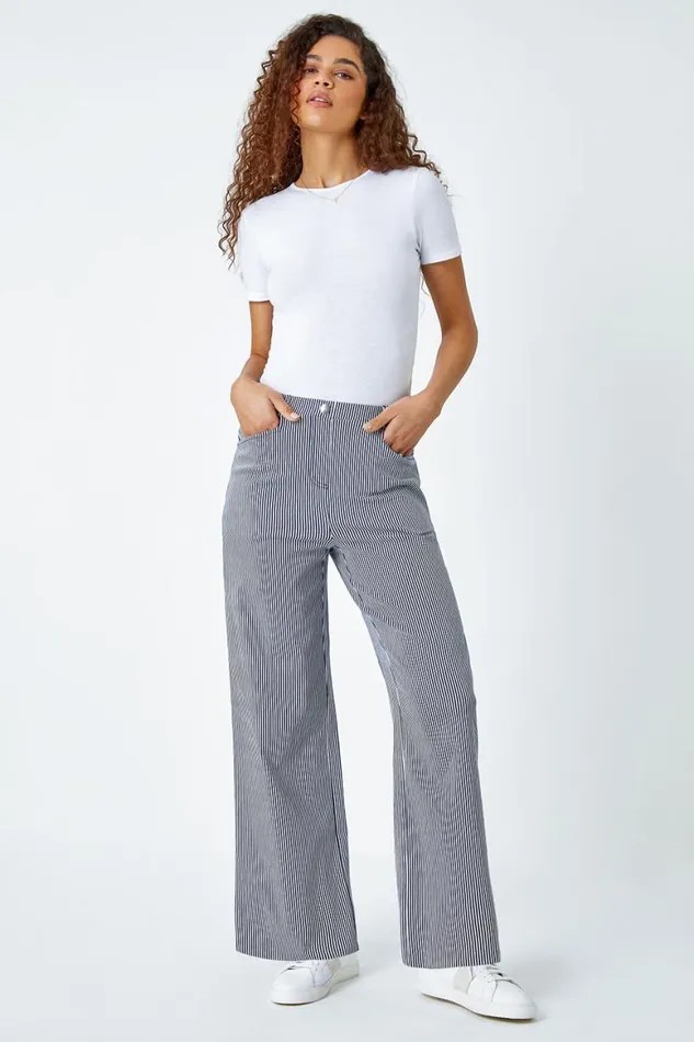Women Navy Striped Elastic Waist Wide Leg Trousers Roman Trousers