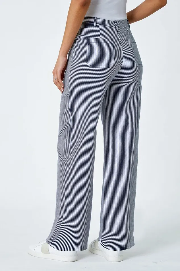 Women Navy Striped Elastic Waist Wide Leg Trousers Roman Trousers