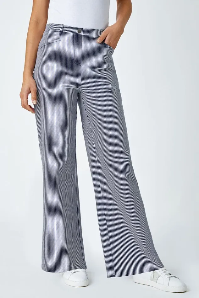 Women Navy Striped Elastic Waist Wide Leg Trousers Roman Trousers