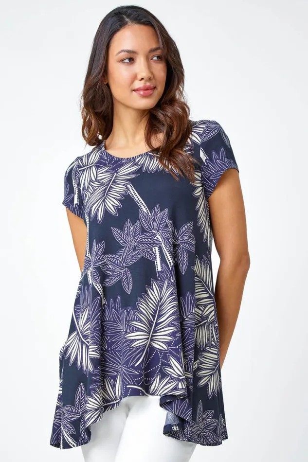Women Navy Textured Leaf Stretch Hanky Hem Tunic Top Roman Tops