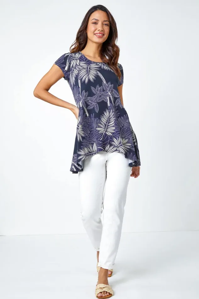 Women Navy Textured Leaf Stretch Hanky Hem Tunic Top Roman Tops
