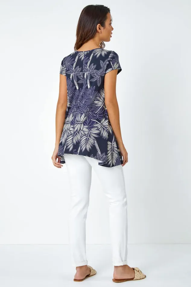 Women Navy Textured Leaf Stretch Hanky Hem Tunic Top Roman Tops