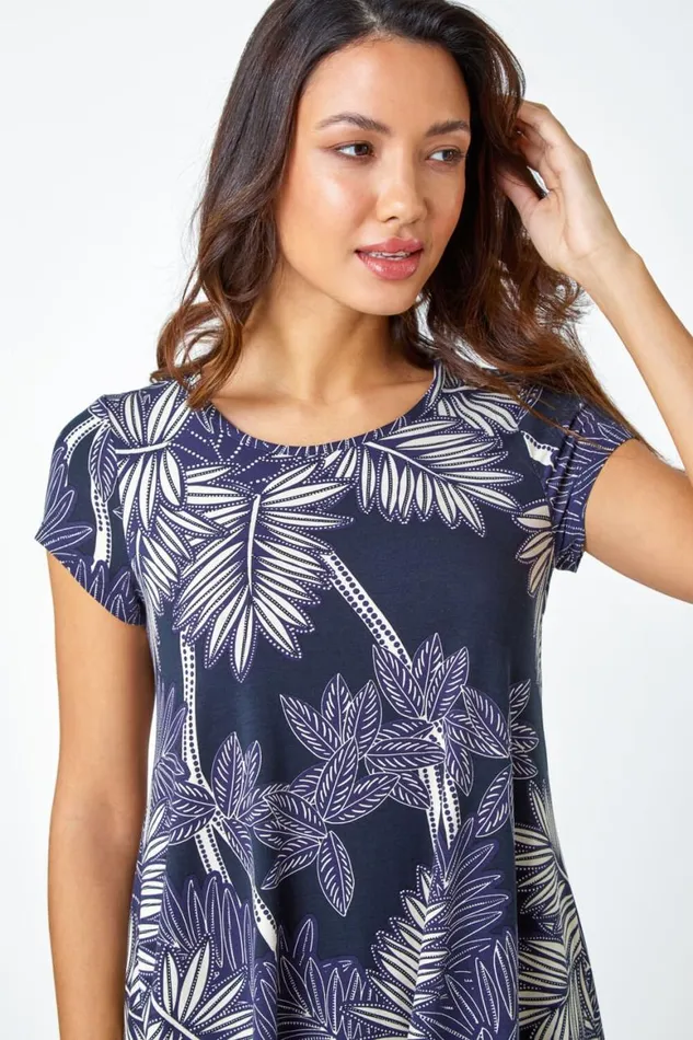 Women Navy Textured Leaf Stretch Hanky Hem Tunic Top Roman Tops