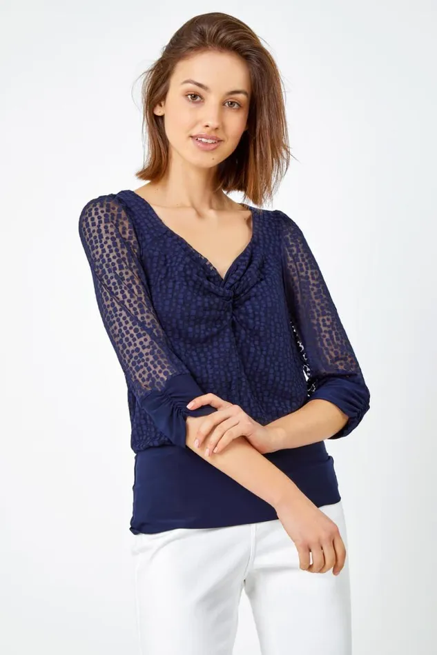 Women Navy Textured Spot Print VNeck Blouson Top Roman Tops
