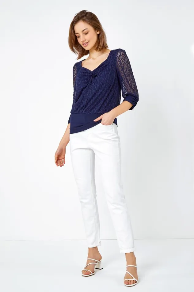 Women Navy Textured Spot Print VNeck Blouson Top Roman Tops