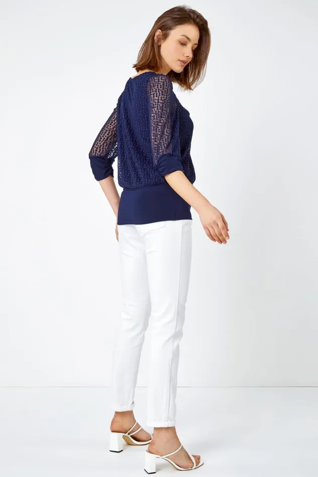 Women Navy Textured Spot Print VNeck Blouson Top Roman Tops