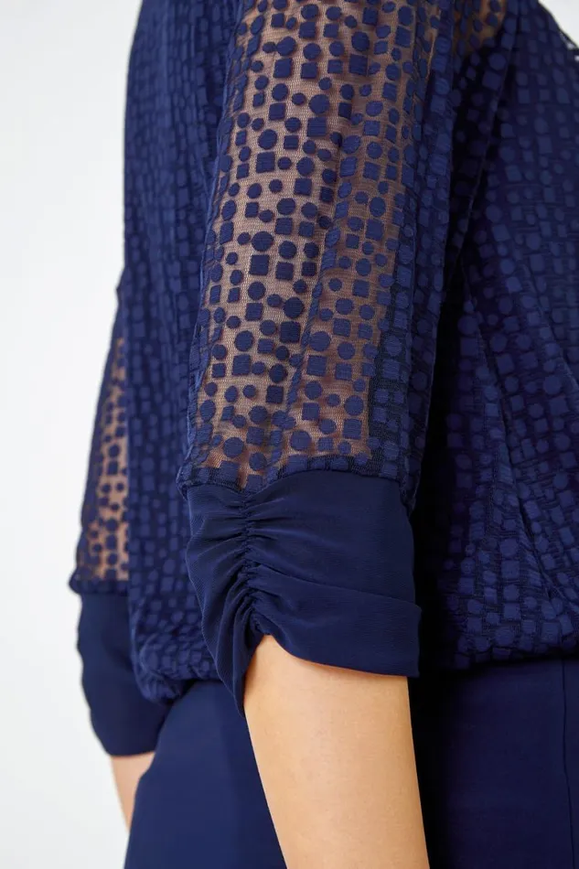 Women Navy Textured Spot Print VNeck Blouson Top Roman Tops
