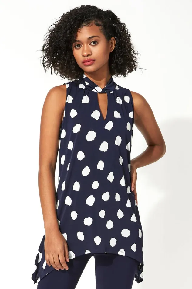 Women Navy Twist Neck Spot Stretch Vest Top Roman Tops