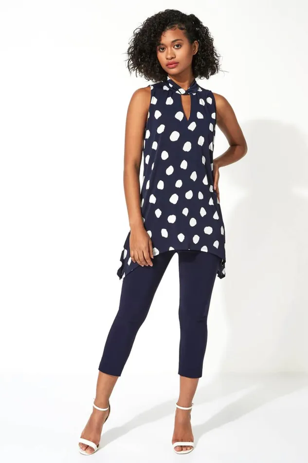 Women Navy Twist Neck Spot Stretch Vest Top Roman Tops