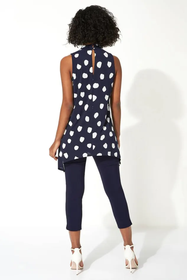 Women Navy Twist Neck Spot Stretch Vest Top Roman Tops