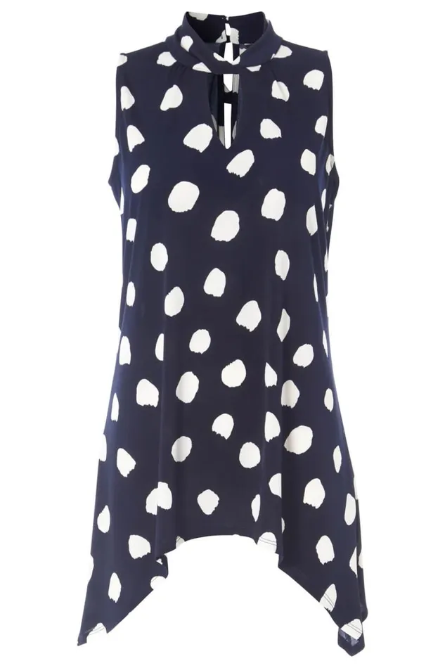 Women Navy Twist Neck Spot Stretch Vest Top Roman Tops