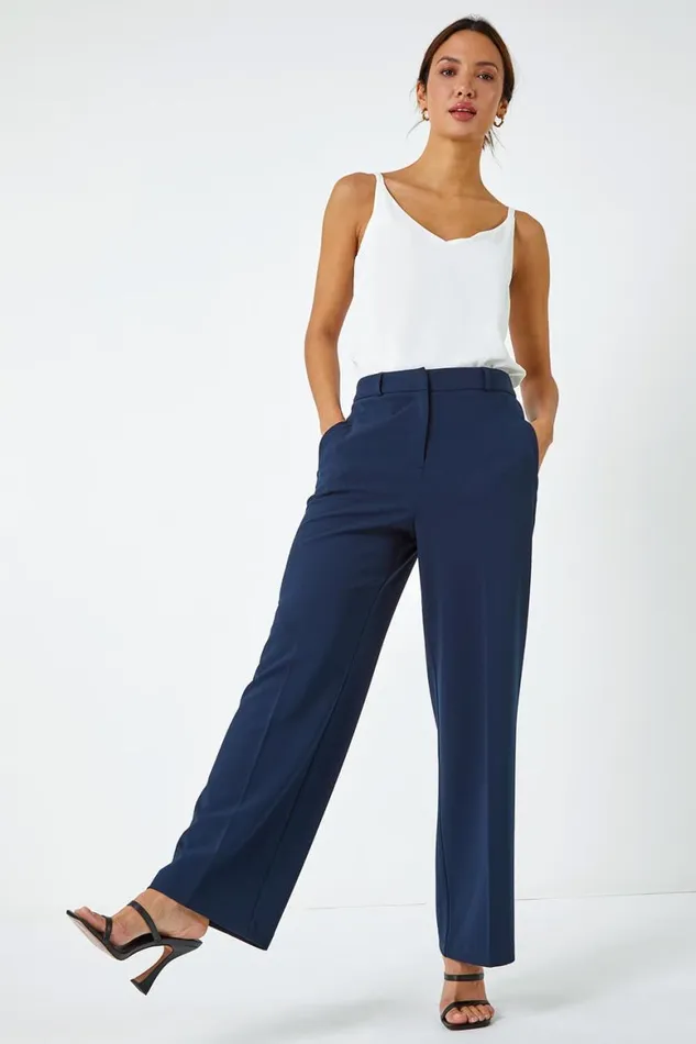 Women Navy Wide Leg Premium Stretch Trousers Roman Occasionwear