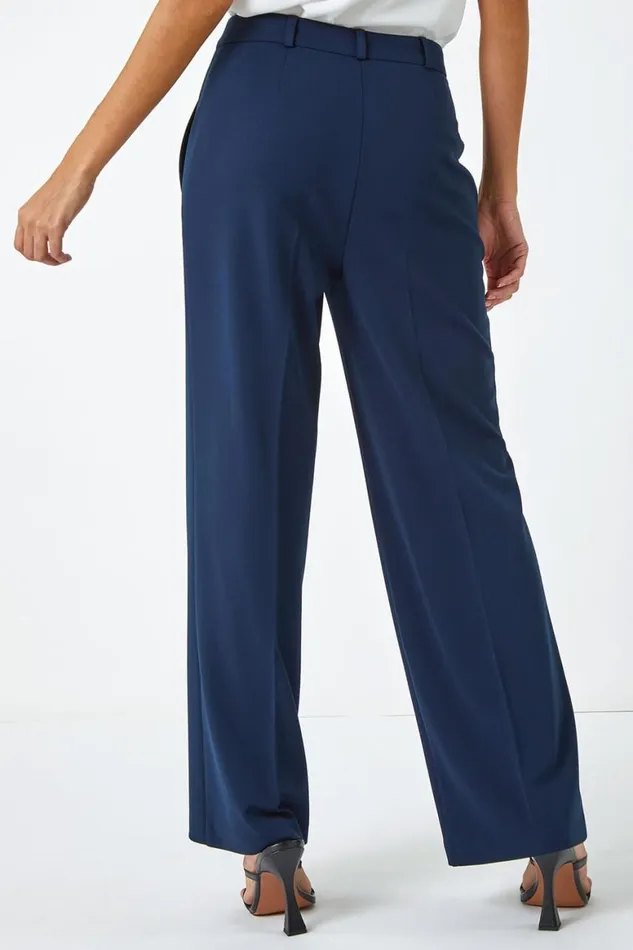 Women Navy Wide Leg Premium Stretch Trousers Roman Occasionwear