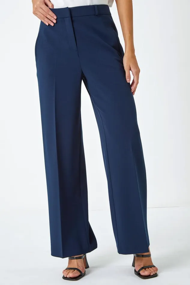 Women Navy Wide Leg Premium Stretch Trousers Roman Occasionwear