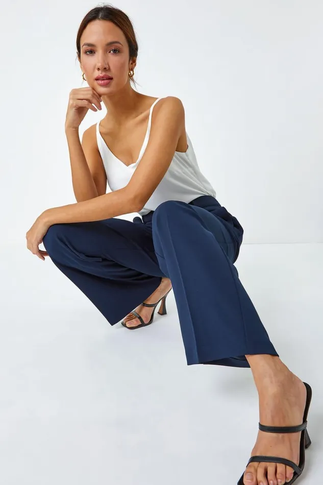 Women Navy Wide Leg Premium Stretch Trousers Roman Occasionwear