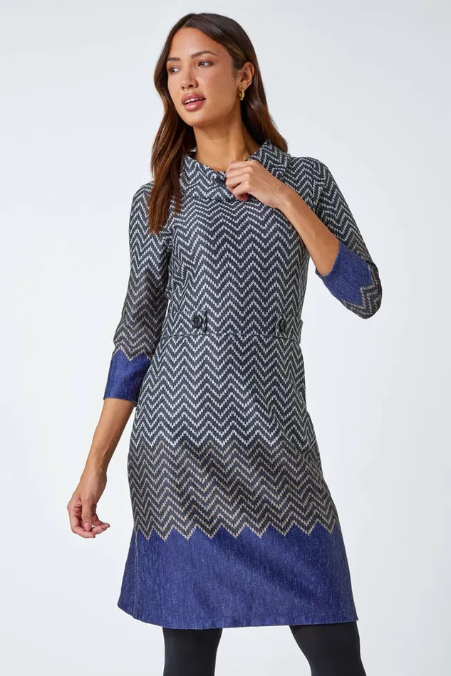 Women Navy Zig Zag Cowl Neck Stretch Dress Roman Dresses