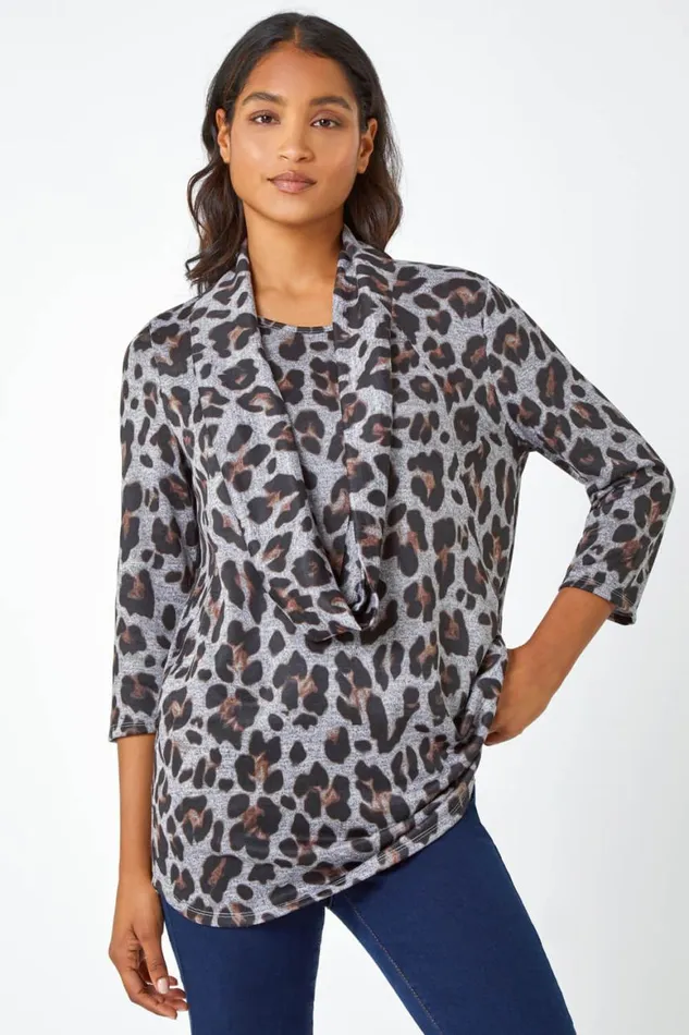 Women Neutral Animal Print Pocket Tunic Top With Snood Roman Tops
