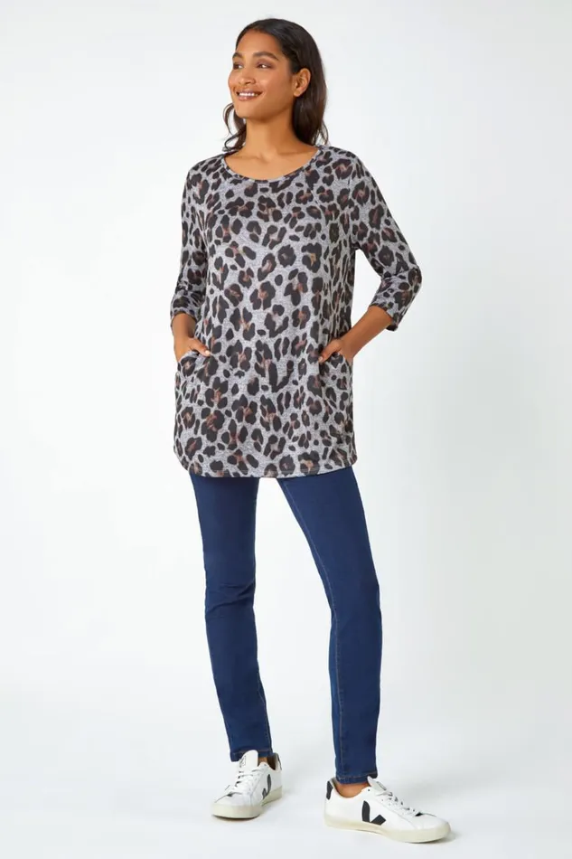Women Neutral Animal Print Pocket Tunic Top With Snood Roman Tops