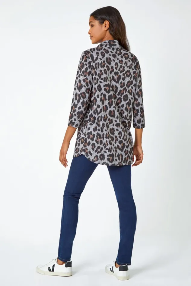 Women Neutral Animal Print Pocket Tunic Top With Snood Roman Tops