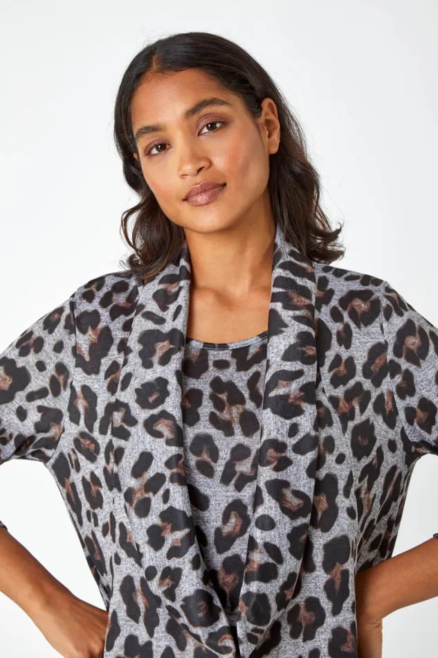 Women Neutral Animal Print Pocket Tunic Top With Snood Roman Tops