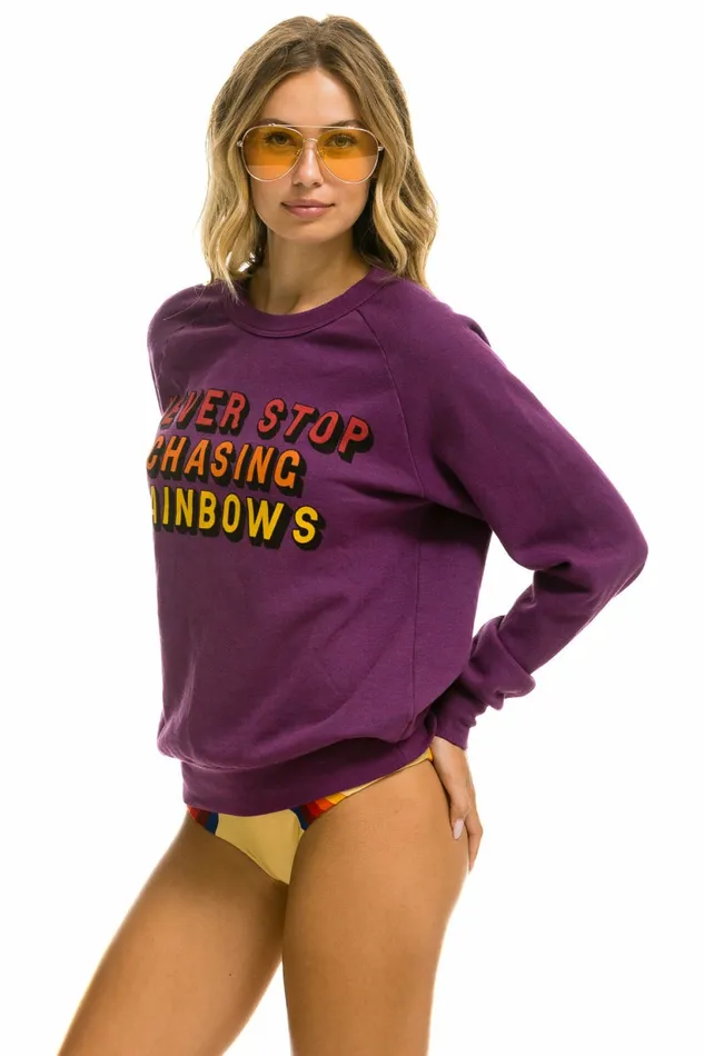 Women NEVER STOP CHASING RAINBOWS CREW SWEATSHIRT 8211 PURPLE Aviator Nation UnisexCrewSweatshirt Women NEVER STOP CHASING RAINBOWS CREW SWEATSHIRT 8211 PURPLE Aviator Nation UnisexCrewSweatshirt