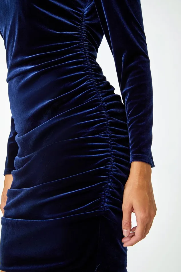 Women One Shoulder Velvet Ruched Bodycon Dress Roman Dresses