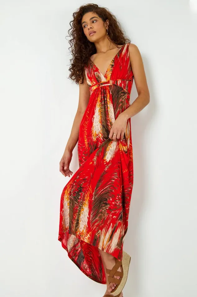 Women Orange Abstract Print Stretch Jersey Maxi Dress Roman Dresses