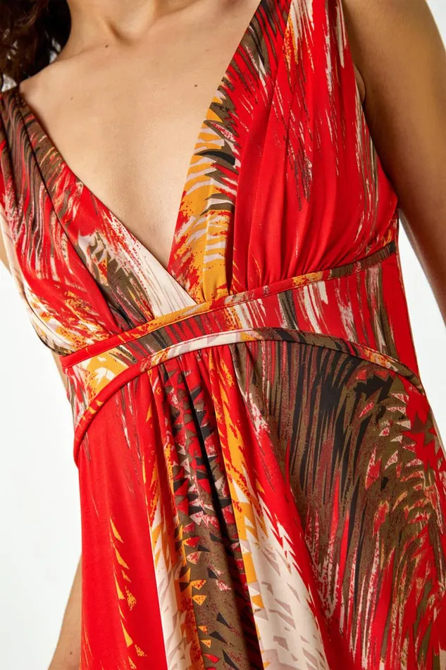 Women Orange Abstract Print Stretch Jersey Maxi Dress Roman Dresses