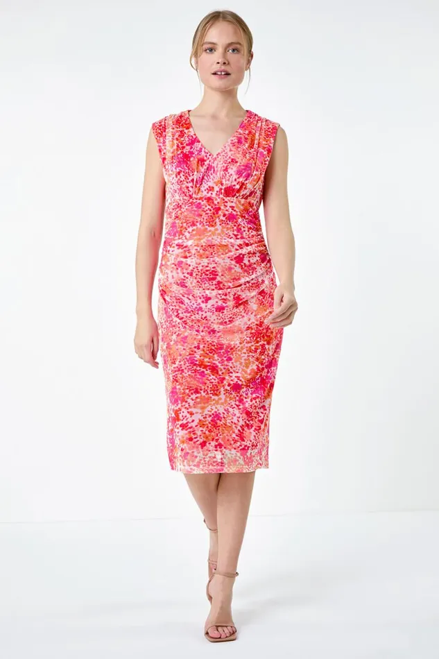 Women Orange Abstract Spot Ruched Mesh Stretch Dress Roman Dresses