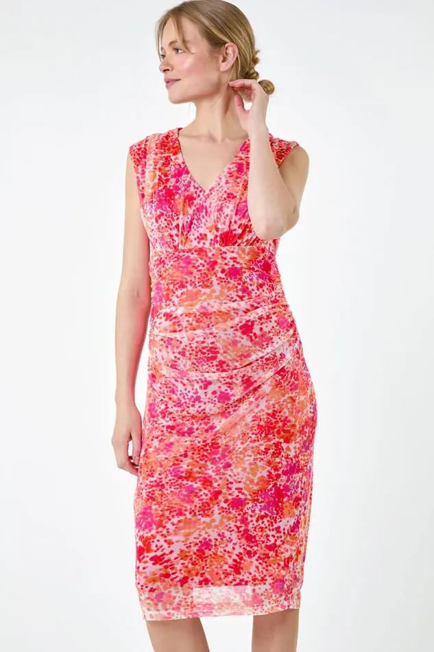 Women Orange Abstract Spot Ruched Mesh Stretch Dress Roman Dresses