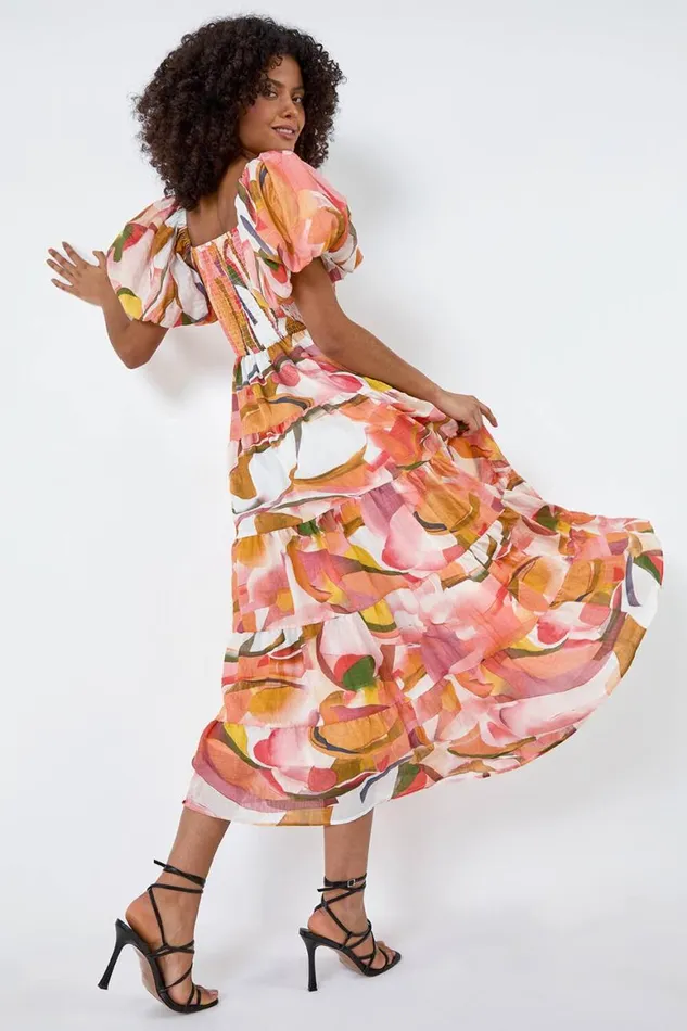 Women Orange Abstract Tiered Puff Sleeve Midi Dress Roman Dresses
