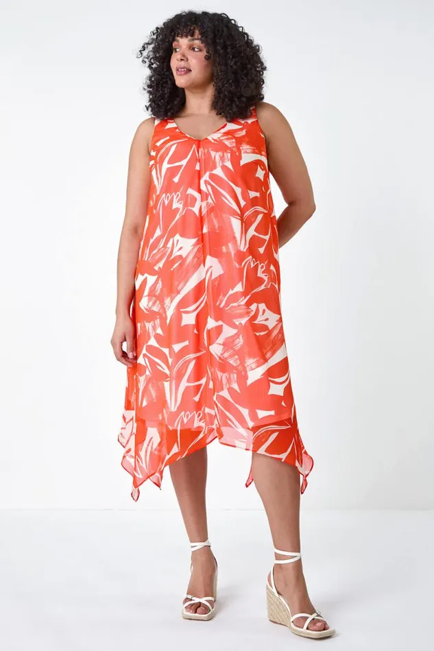 Women Orange Curve Abstract Print Chiffon Dress Roman Dresses