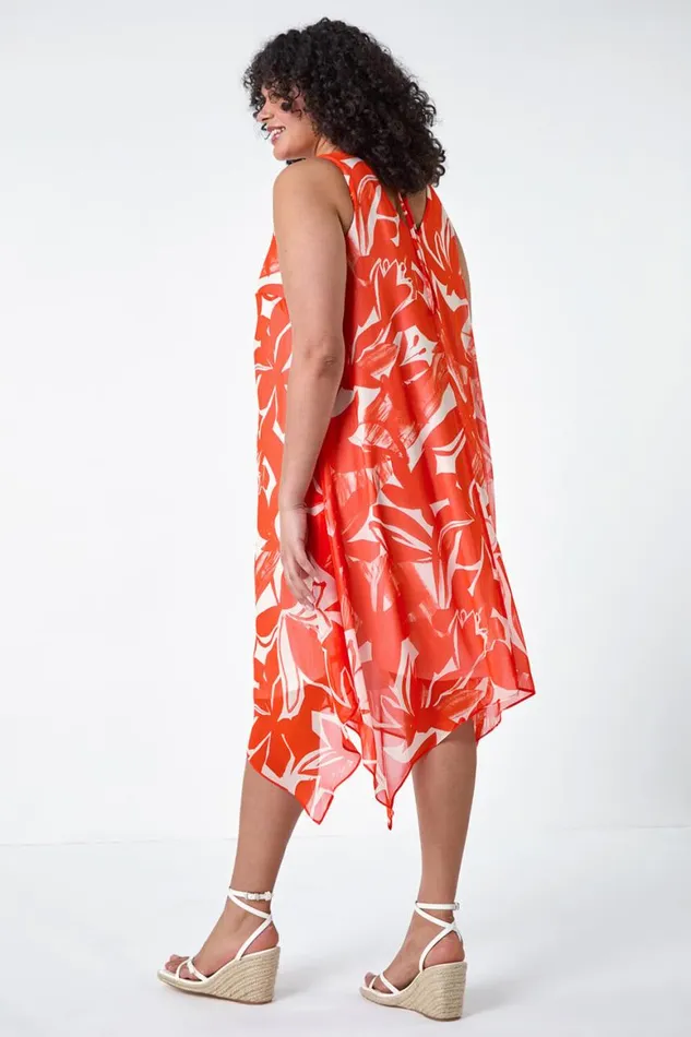 Women Orange Curve Abstract Print Chiffon Dress Roman Dresses