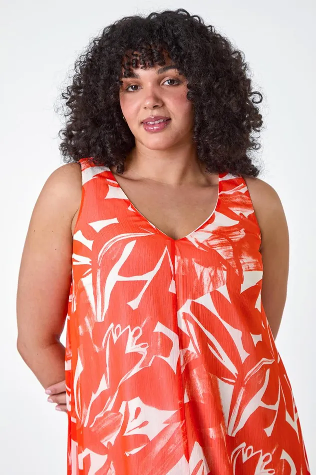 Women Orange Curve Abstract Print Chiffon Dress Roman Dresses