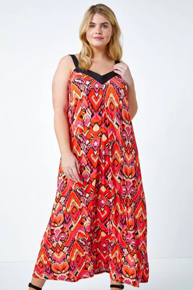 Women Orange Curve Contrast Print Stretch Midi Dress Roman Dresses