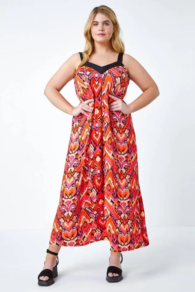 Women Orange Curve Contrast Print Stretch Midi Dress Roman Dresses