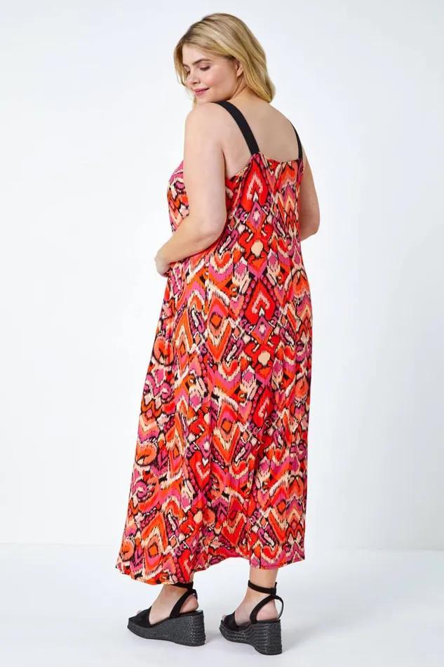 Women Orange Curve Contrast Print Stretch Midi Dress Roman Dresses