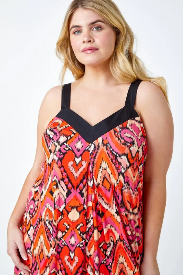 Women Orange Curve Contrast Print Stretch Midi Dress Roman Dresses