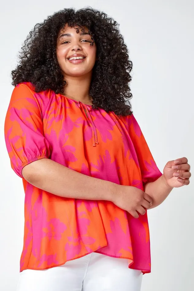 Women Orange Curve Floral Print Tie Detail Top Roman Tops