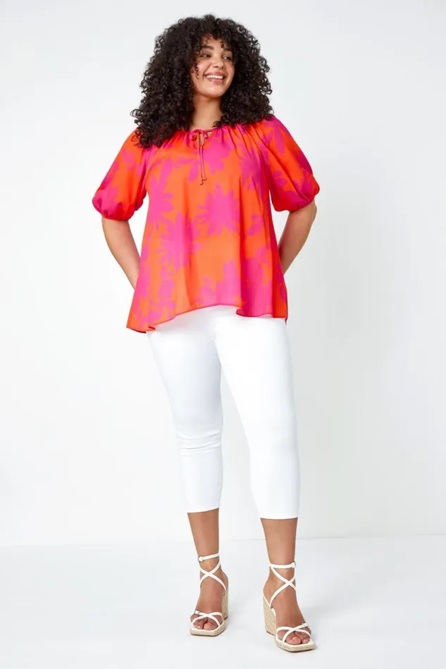 Women Orange Curve Floral Print Tie Detail Top Roman Tops