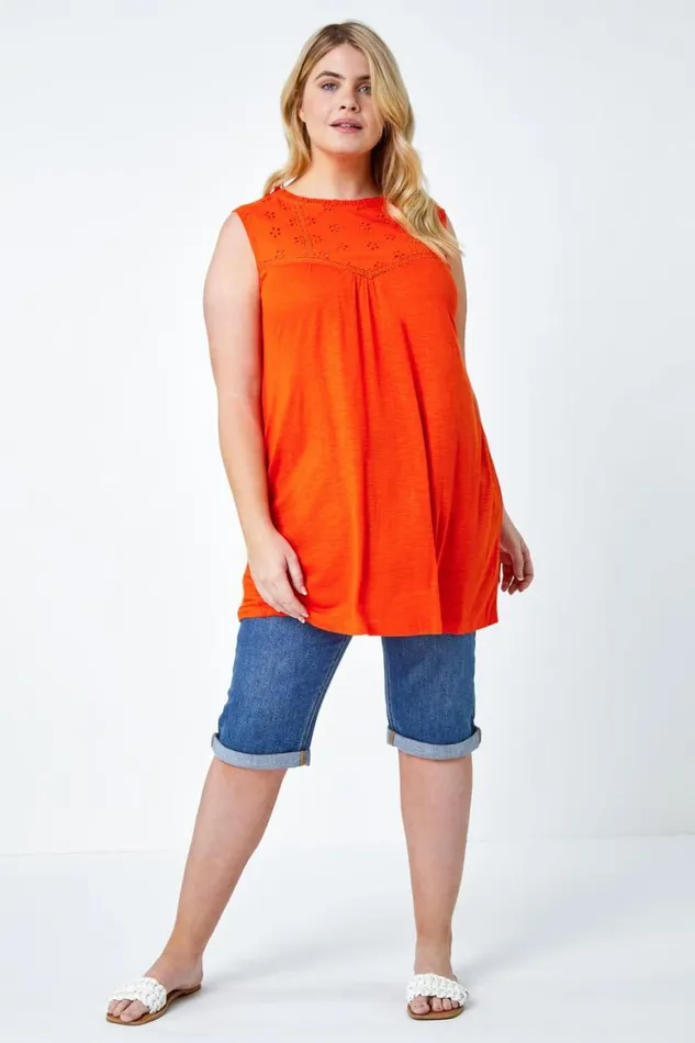Women Orange Curve Sleeveless Longline Broderie Top Roman Tops