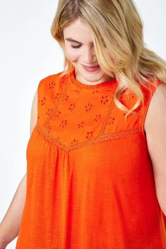 Women Orange Curve Sleeveless Longline Broderie Top Roman Tops